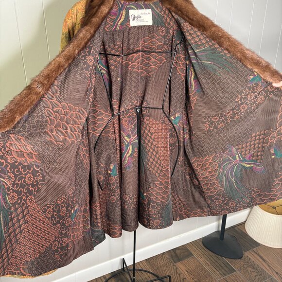 Vintage Maple Furriers Fur Collar Leather Swing Coat‎ Floral Brown Boho RARE - Picture 9 of 11